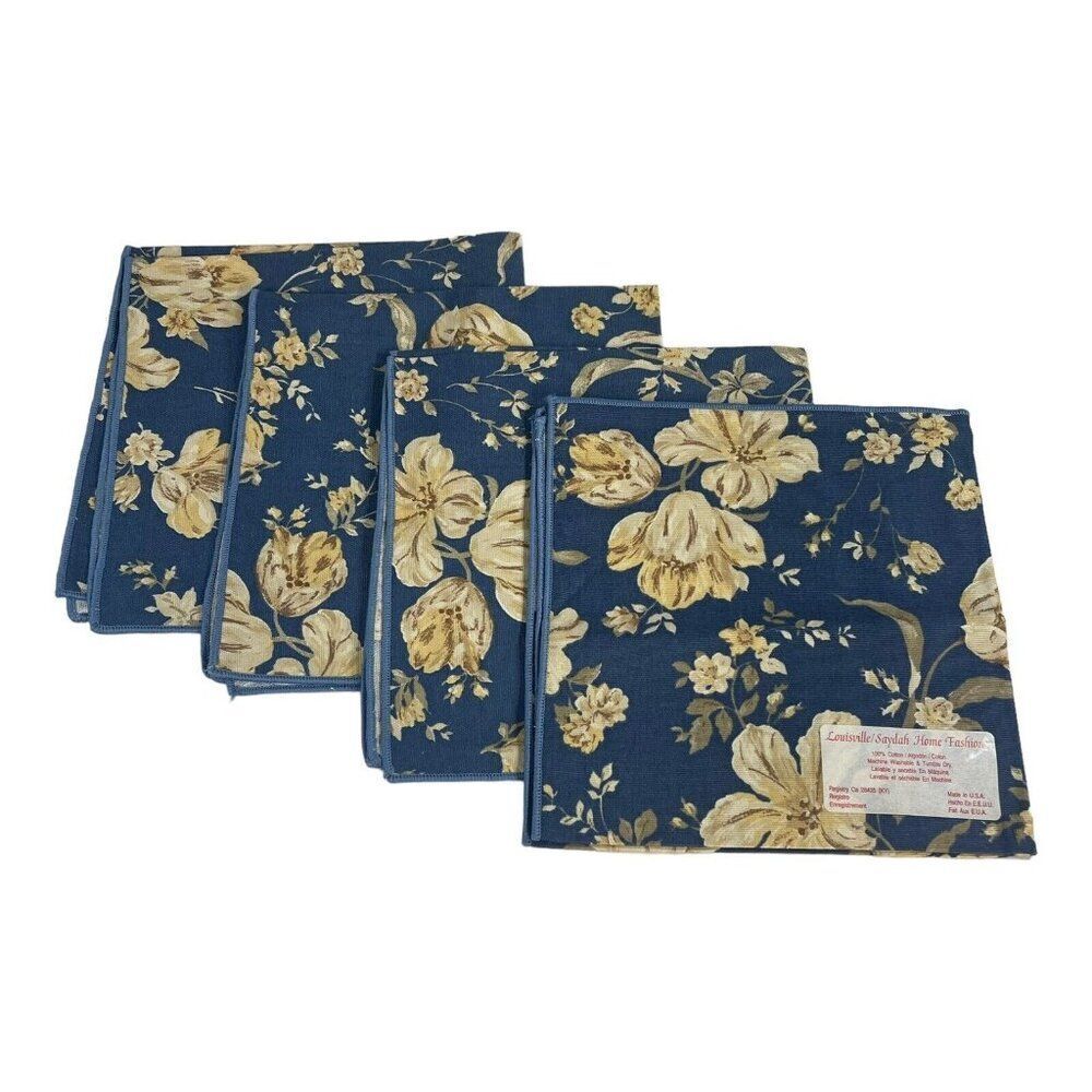 Louisville Saydah Home Magnolia Set Of 4 Blue Floral Square Cloth Napkins 17”